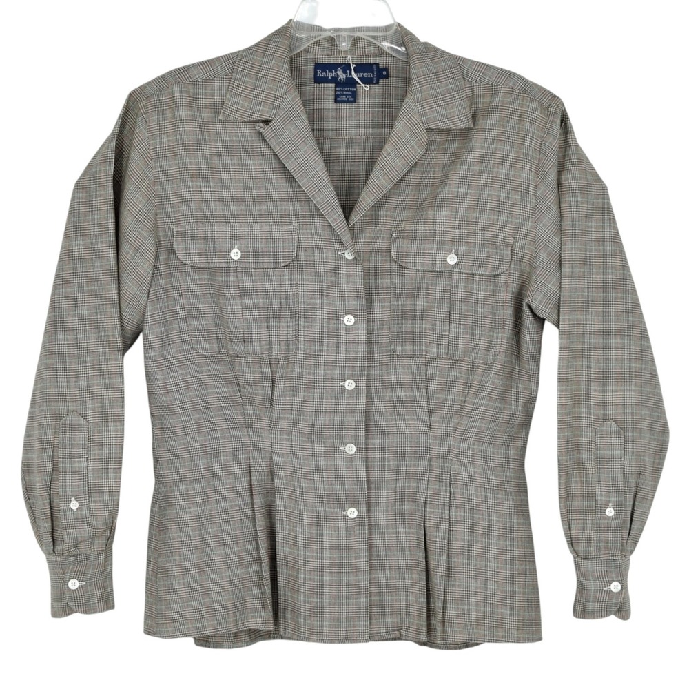 VTG Ralph Lauren Womens 8 Wool Cotton Black Cream Glen Plaid Peplum Blouse Shirt